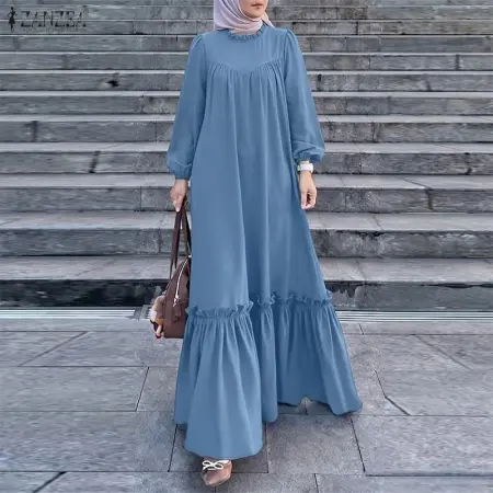 فستان ماكسي نسائي محتشم من ZANZEA للمسلمات، حجاب بياقة دائرية وأكمام طويلة وحافة مكشكشة، عباية إسلامية لرمضان والعيد، قفطان