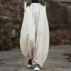 بنطلون نسائي أنيق من القطن والكتان بتصميم فضفاض وواسع، بخصر مطاطي، مناسب لليوغا، فضفاض وعصري، طويل وواسع الأرجل، ملابس كبيرة الحجم.