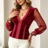 بلوزة نسائية أنيقة للربيع والخريف من المخمل مع حواف دانتيل وأكمام طويلة وياقة على شكل V، قميص عصري بتصميم باروكي للارتداء اليومي والمكتب