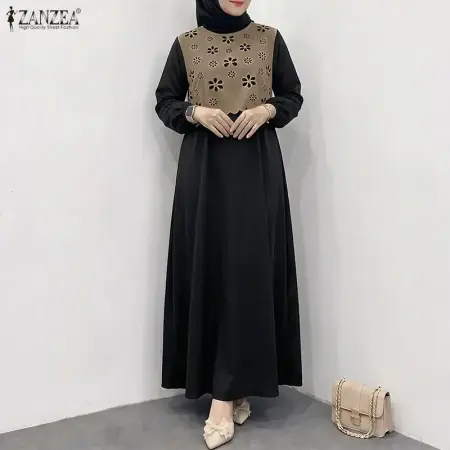 فستان نسائي مسلم أنيق بأكمام طويلة وتصميم مفرغ من قماش مُرقّع، عباية زانزيا إسلامية محتشمة، قفطان لرمضان والعيد