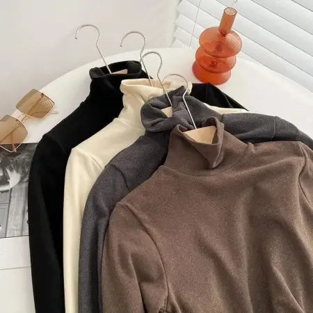 قميص نسائي طويل الأكمام من الصوف المزدوج، بأسلوب كوري أنيق للارتداء اليومي، تصميم ضيق بياقة عالية، قميص داخلي أسود