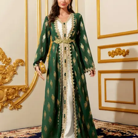 فستان ماكسي متواضع في الشرق الأوسط - عباية قفطان مغربي إسلامي للنساء فستان عيد من الدانتيل الذهبي ملابس تقليدية إسلامية