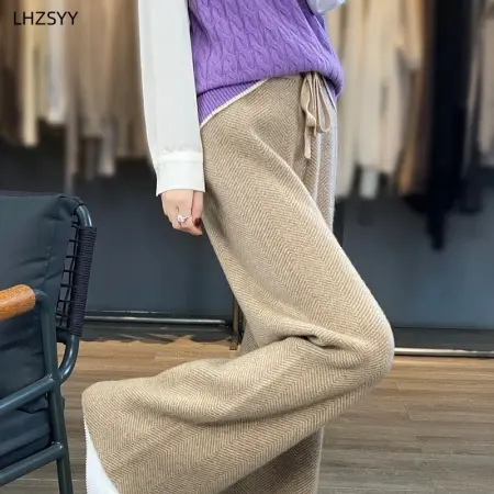 LHZSYY خريف شتاء جديد 100% الصوف الخالص بنطال ذو قصة أرجل واسعة المرأة عالية الخصر الكورية مستقيم الساق السراويل ملابس فضفاضة الكشمير متماسكة السراويل