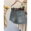 شورت جينز نسائي صيفي جديد بخصر عالٍ وقصة A-line، أزرق مغسول، بتصميم عتيق وقصة نحيفة، شورت جينز صيفي كاجوال للنساء