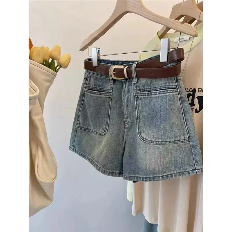 شورت جينز نسائي صيفي جديد بخصر عالٍ وقصة A-line، أزرق مغسول، بتصميم عتيق وقصة نحيفة، شورت جينز صيفي كاجوال للنساء