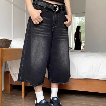 ارتفاع الخصر الأسود الرجعية غسلها الدنيم السراويل النسائية Harajuku خمر موضة عادية فضفاض Y2K الشارع الشهير منتصف طويلة بنطال ذو قصة أرجل واسعة