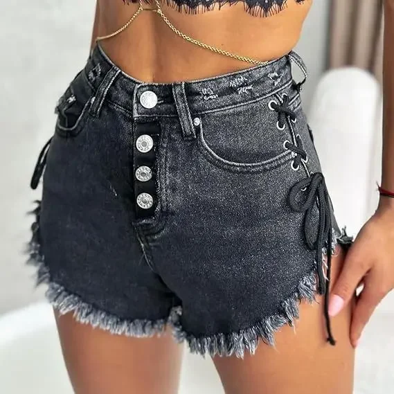 شورت نسائي بحزام متقاطع، شورت جينز أبيض ضيق بخصر عالٍ، شورت صيفي عصري بتصميم ملفوف حول الورك - Image 4
