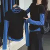 تي شيرت نسائي بأكمام طويلة بتصميم كاجوال، قصة ضيقة، بألوان متباينة مع رباط، عصري لفصلي الربيع والخريف، باللونين الأسود والأزرق
