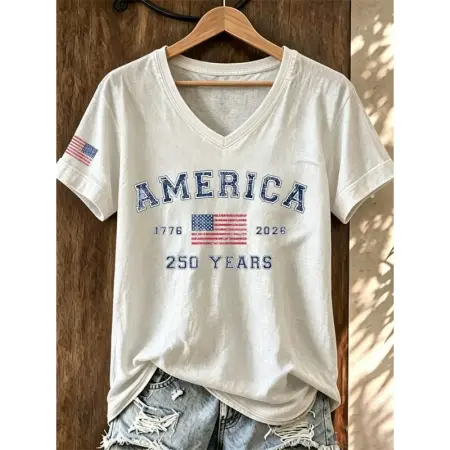 تي شيرت نسائي من ilstile بطباعة America 250 Years، تي شيرت صيفي بأكمام قصيرة، تي شيرت فضفاض غير رسمي، تي شيرت برقبة على شكل V، تي شيرت أبيض، تخفيضات كبيرة