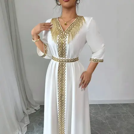 عباءة قفطان مغربية أنيقة للنساء، فستان ماكسي محتشم بتطريز ذهبي وياقة على شكل V مع حزام، مناسب للعيد والحفلات المسائية الإسلامية في دبي