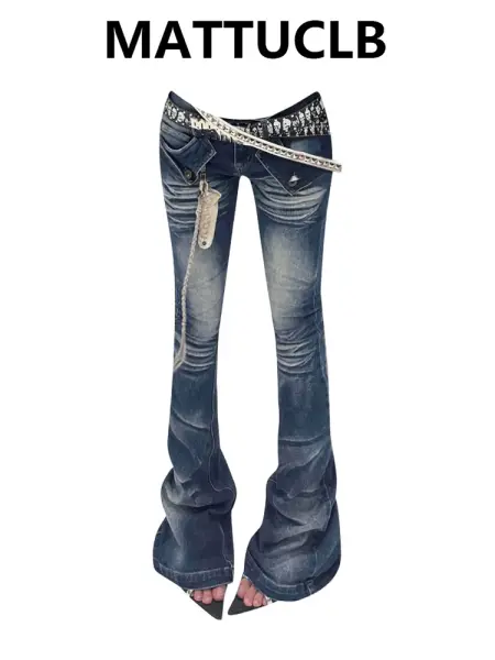 جينز نسائي منخفض مضيئة سايبر بانك أبي Y2k ياباني نحيل Bootcut Harajuku Goblin Core بنطلون طويل من قماش الدنيم سروال جرس سفلي
